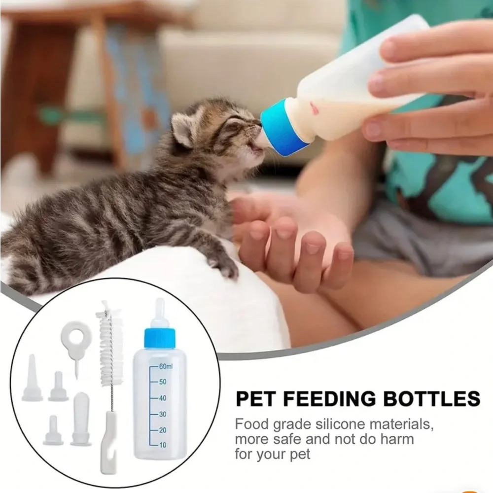 Pet Nursing Bottle Set w Spare Pacifiers Cleaning Brush & Hole Opener, 6pcs